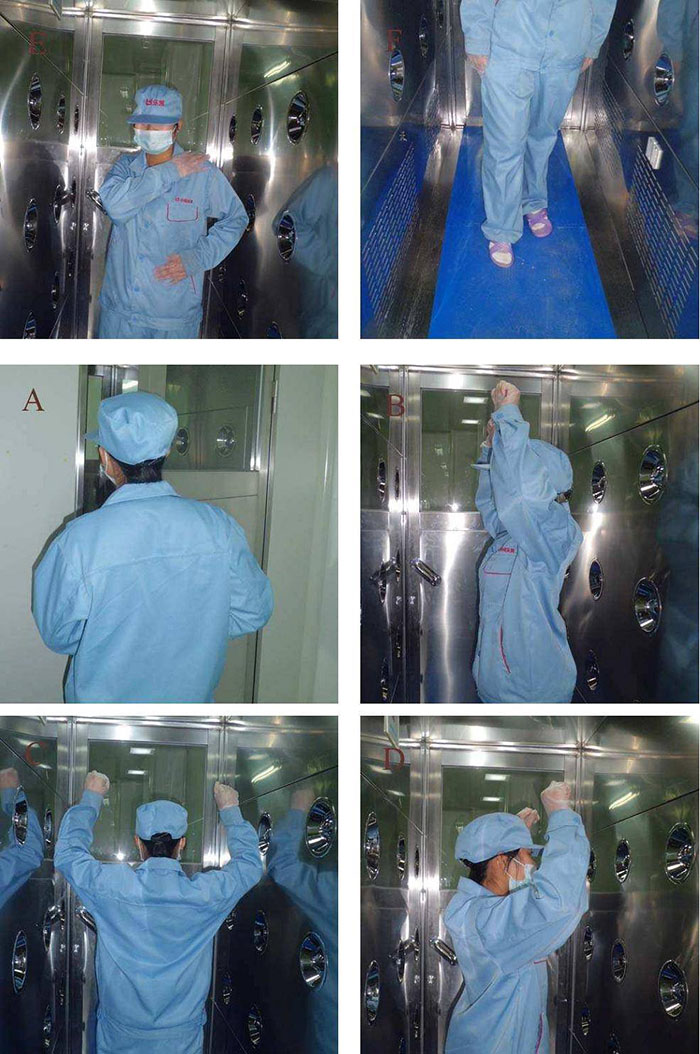 進入風淋室前無塵服應穿著得當，袖口和領口需拉緊，避免衣物內外的塵埃進入。